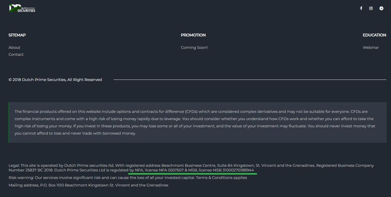 Dutch Prime Securities官网的监管声明