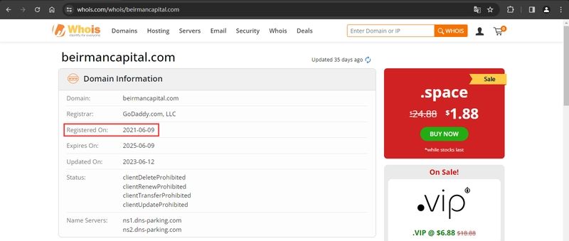 WHOIS Information on Beirman Capital's Website