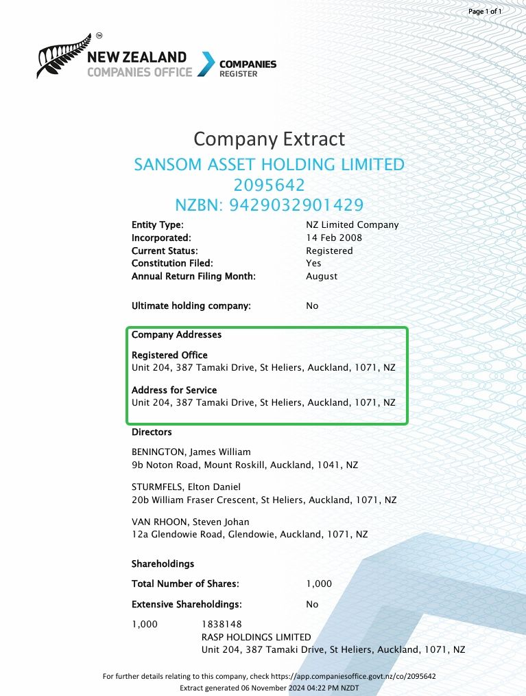 ニュージーランド会社登録局でのSANSOM ASSET HOLDING LIMITEDの登録情報