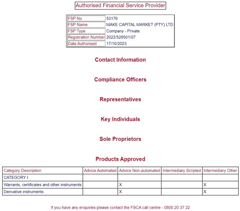 Información regulatoria de Make Capital en FSCA