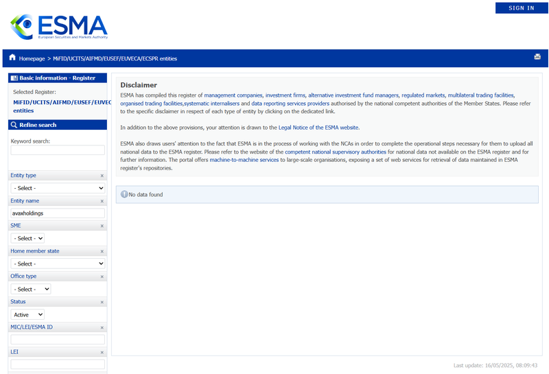 ESMA Query Result