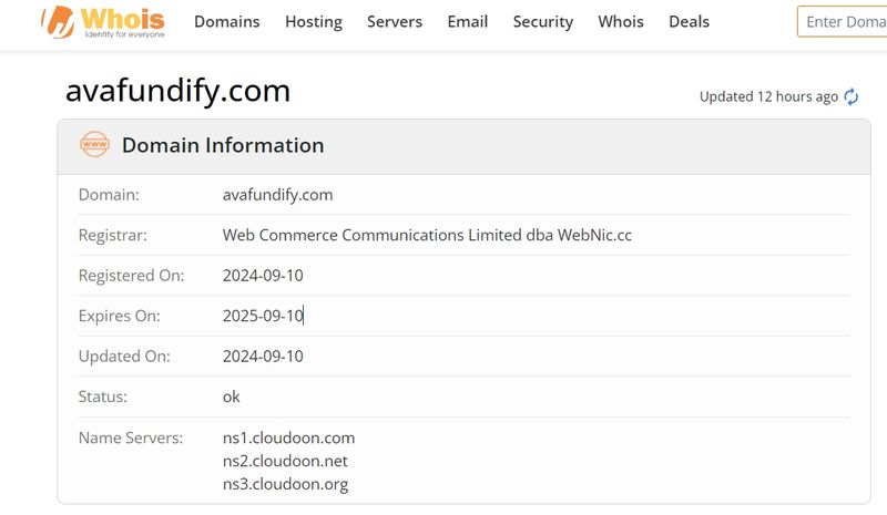 whois domain time of Avafundify