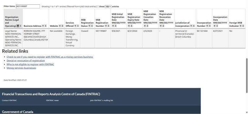 FINTRAC Query Result