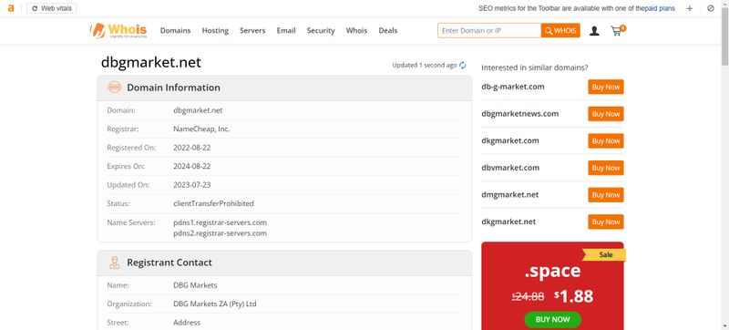 DBG Markets在whois的域名年限查询结果