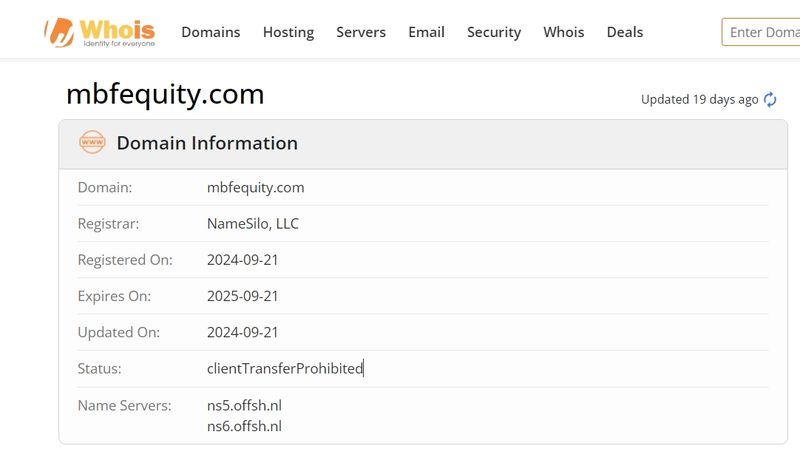 whois domain time of MBFequity