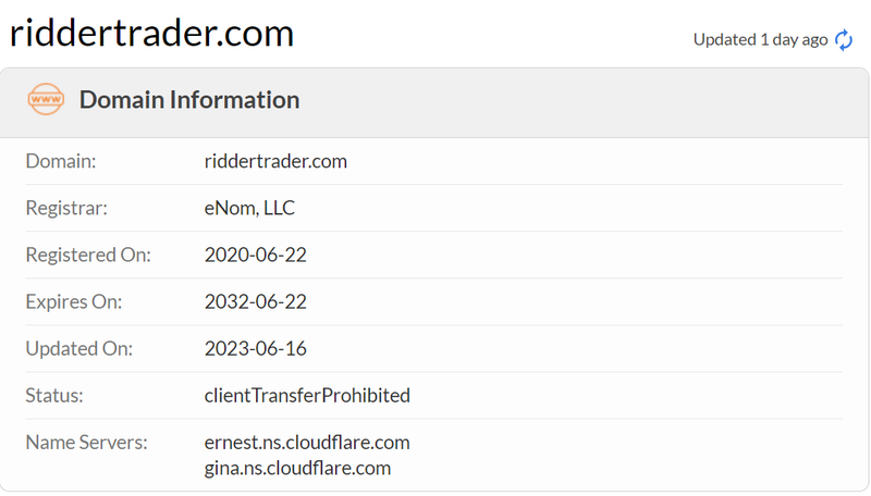 Ridder Trader 웹사이트 도메인의 Whois 조회 결과