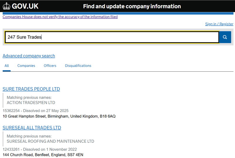 Результат запроса в Companies House