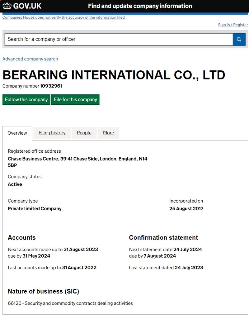 Thông tin đăng ký của Beraring International Co., Ltd