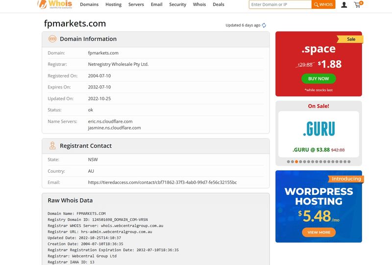 Время регистрации домена FP Markets в whois