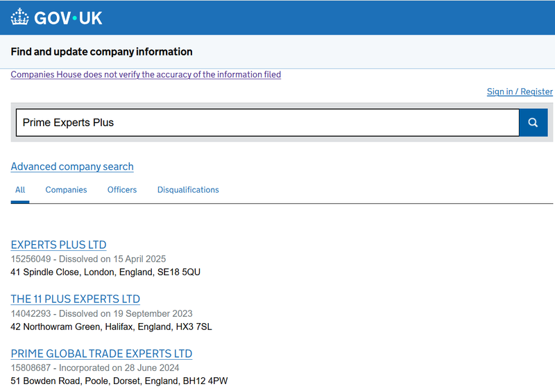 ผลการค้นหาของ Companies House