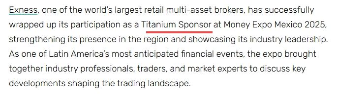 Exness曾作为Titanium级别的赞助商参加Money Expo Mexico 2025获得奖项的报道