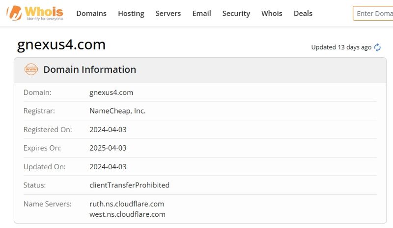 ข้อมูลการจดทะเบียนใน whois ของเว็บไซต์ gnexus4